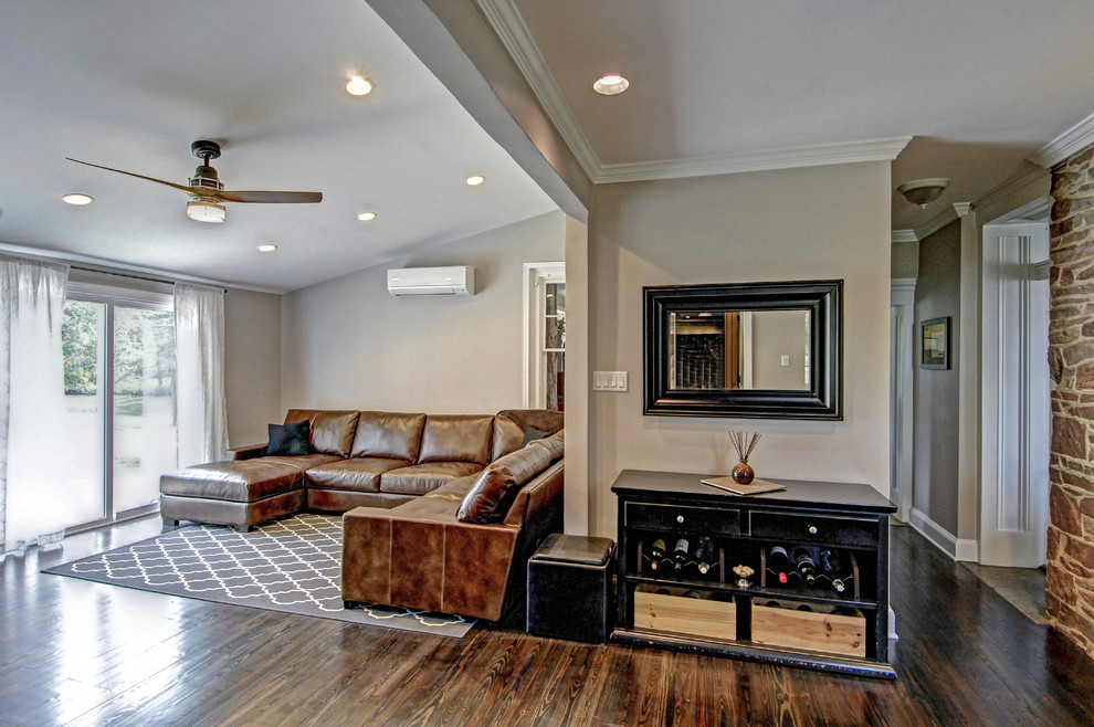 Photo of a large country family room in Philadelphia with beige walls and dark hardwood floors.