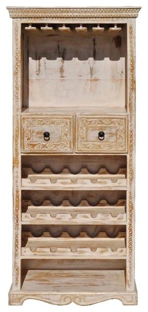 Luckey Whitewash Mango Wood Hand Carved Tall Wine Bar Cabinet Farmhouse Wine And Bar Cabinets By Sierra Living Concepts