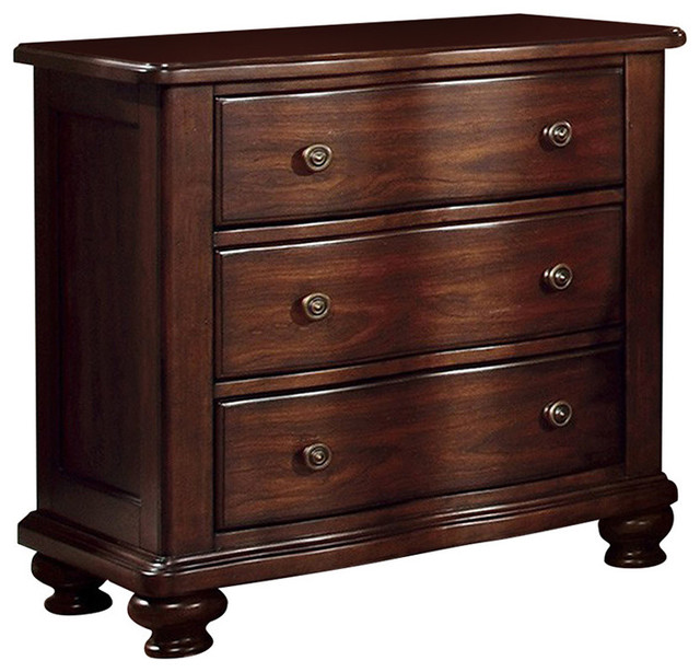 3 Drawer Wooden Curved Design Nightstand with Round Knobs, Cherry Brown