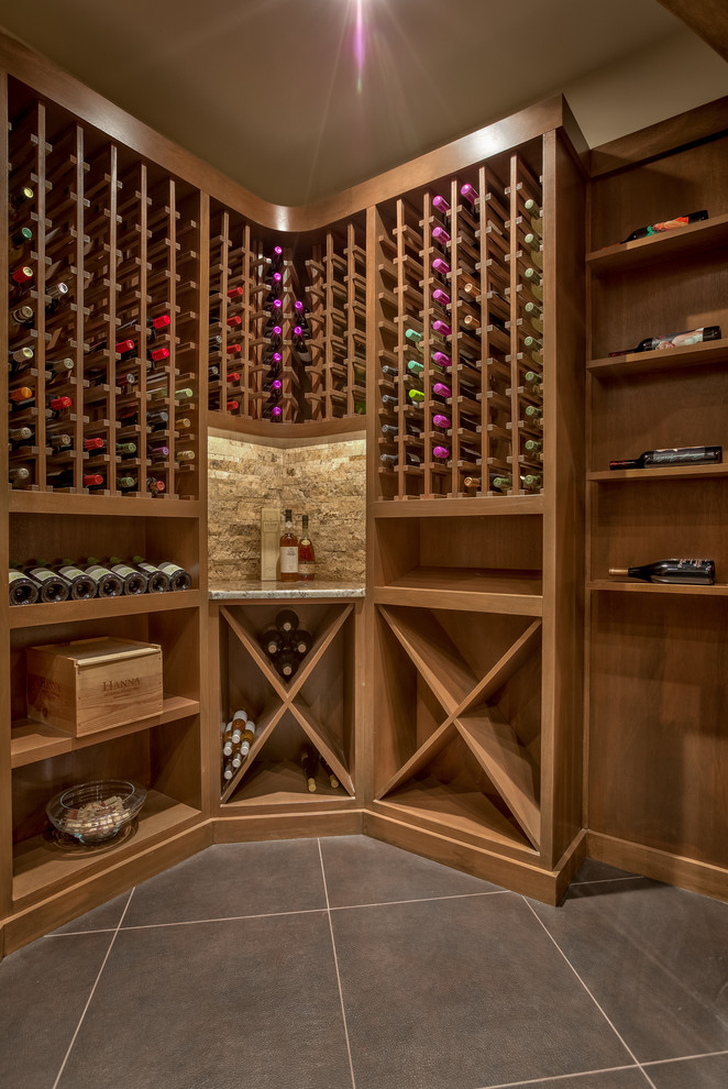 Traditional wine cellar in Omaha with storage racks.