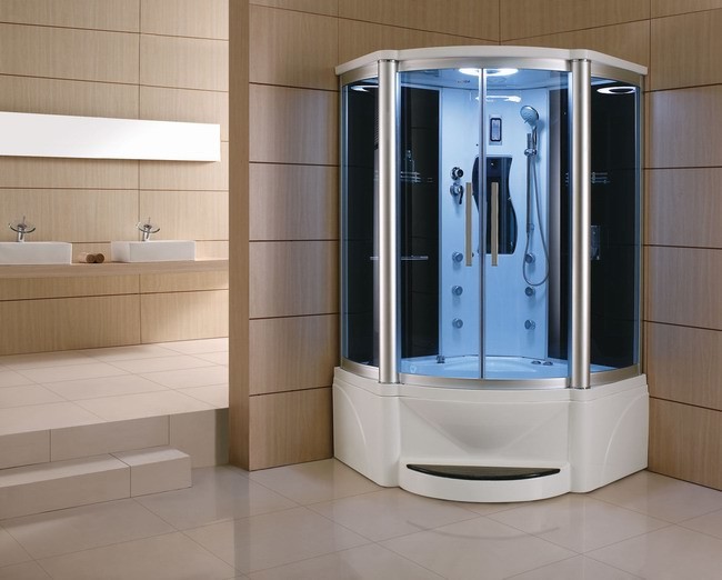 55" Corner Steam Shower With Jetted Tub, Blue Glass Contemporary