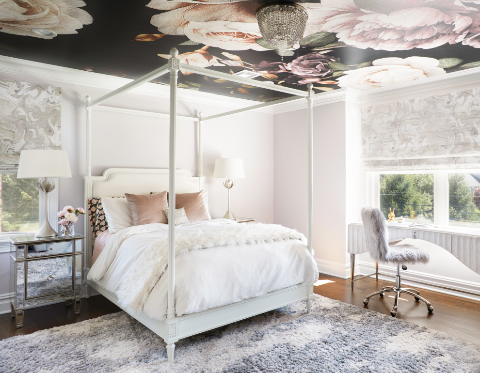 Photo of a classic bedroom in New York with a wallpapered ceiling.