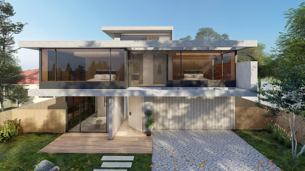Design ideas for a large beach style three-storey concrete house exterior in Geelong with a flat roof.