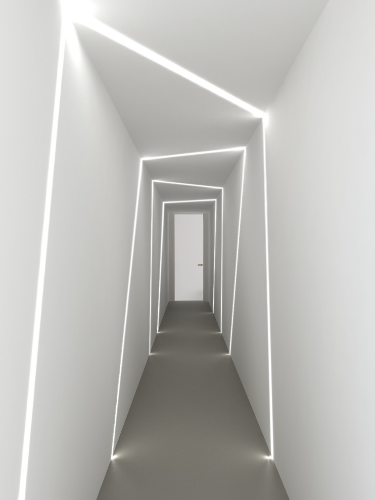 На фото: коридор среднего размера в современном стиле с белыми стенами, бетонным полом, серым полом и многоуровневым потолком с