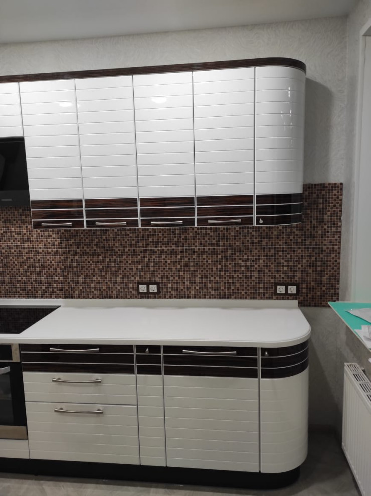 Design ideas for a medium sized contemporary l-shaped enclosed kitchen in Moscow with a submerged sink, white cabinets, brown splashback, mosaic tiled splashback, stainless steel appliances, no island, grey floors, white worktops and lino flooring.