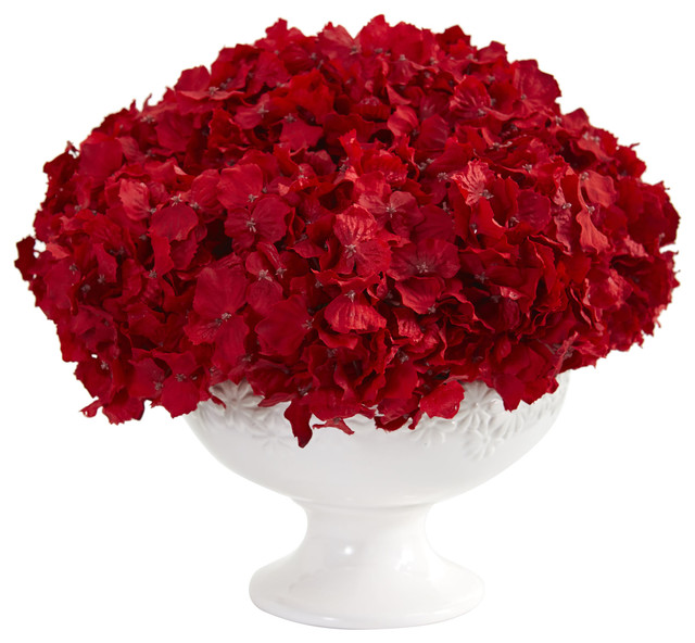 12" Red Hydrangea Artificial Arrangement in Pedestal Vase Contemporary Artificial Flower