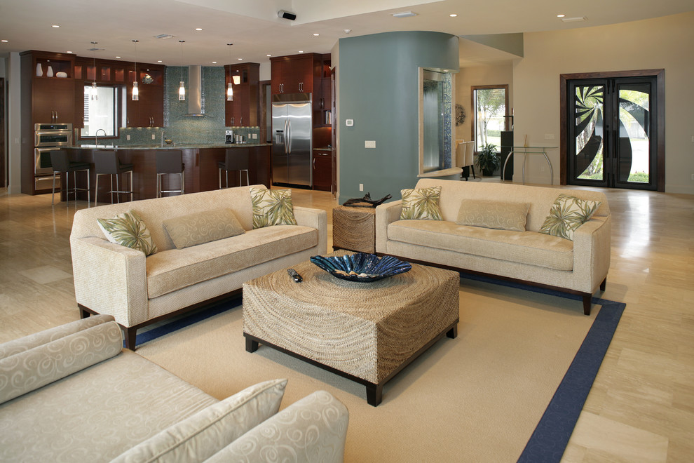 Design ideas for a contemporary open concept living room in Tampa with blue walls.
