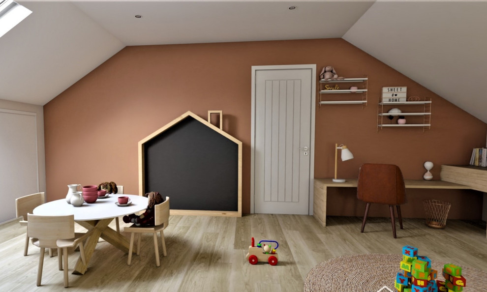 Inspiration för ett stort retro barnrum, med rosa väggar och ljust trägolv