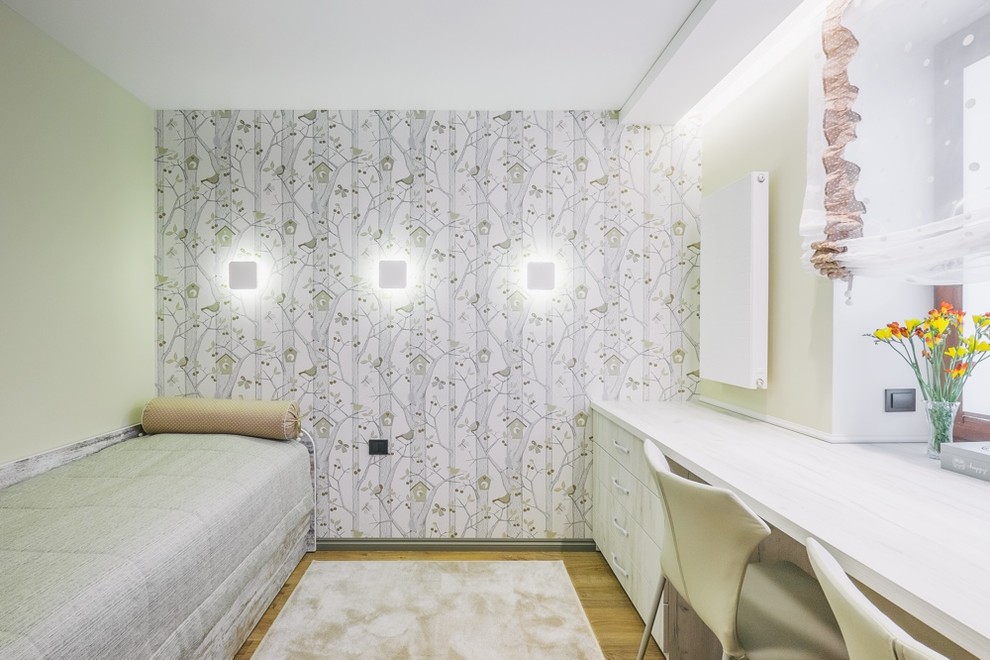 Home design - bedroom and small modern girl light wood floor home design idea with multicolored walls