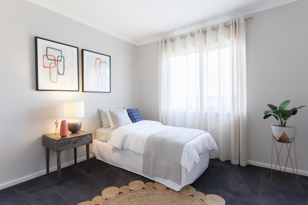 This is an example of a transitional bedroom in Melbourne.