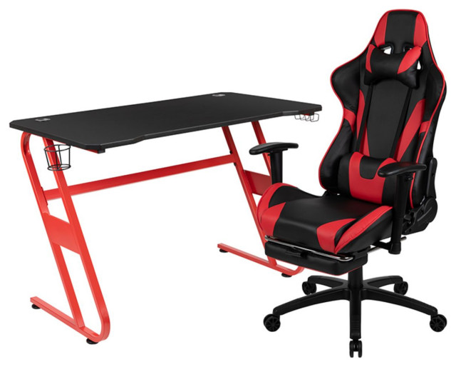 Offex Red Gaming Desk and Red/Black Footrest Reclining Gaming Chair Set