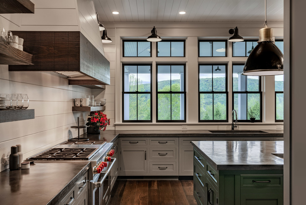 Large country u-shaped eat-in kitchen in New York with a single-bowl sink, shaker cabinets, grey cabinets, concrete benchtops, white splashback, stainless steel appliances, dark hardwood floors, with island, brown floor, black benchtop and shiplap splashback.