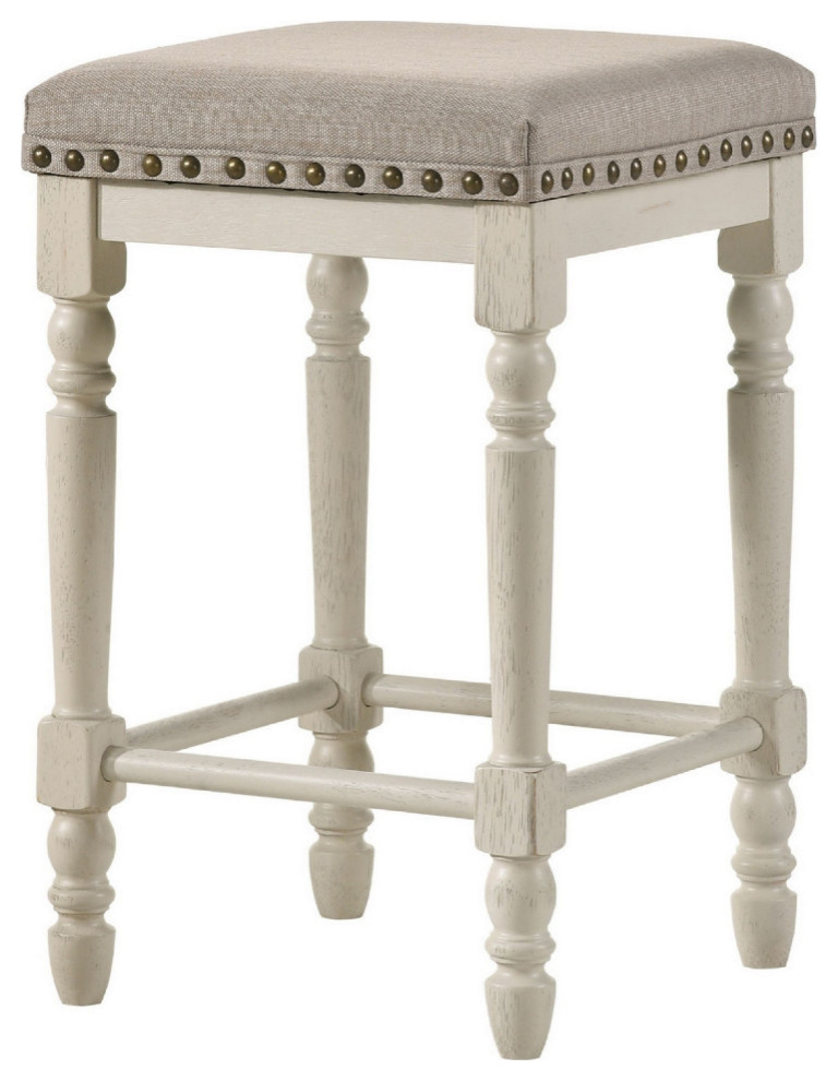 24" Counter Height Stool, Luxe Nailhead Trim, Set of 2, Antique White