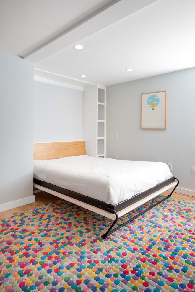 Mittelgroßer Klassischer Hochkeller mit grauer Wandfarbe, hellem Holzboden und braunem Boden in Boston