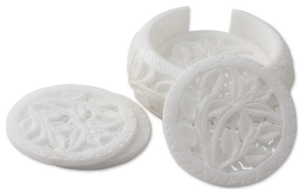 NOVICA White Agra Rose And Marble Coasters  (Set Of 6)
