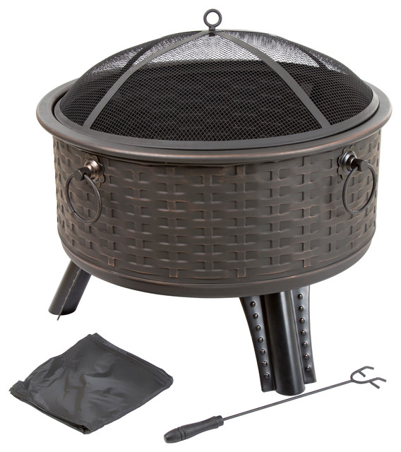 Pure Garden 26 Round Woven Metal Fire Pit With Cover Antique