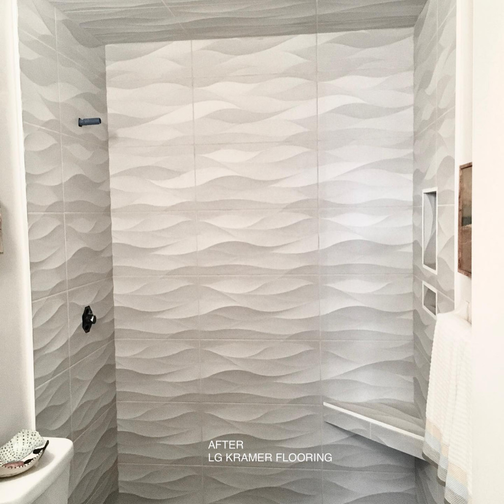 Источник вдохновения для домашнего уюта: ванная комната среднего размера в современном стиле с серой плиткой, керамической плиткой и душевой кабиной