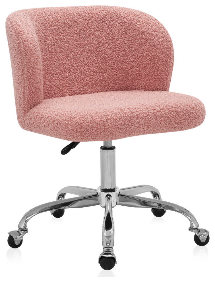 Modern Upholstered Boucle Desk Chair with Swivel Wheels, Pink