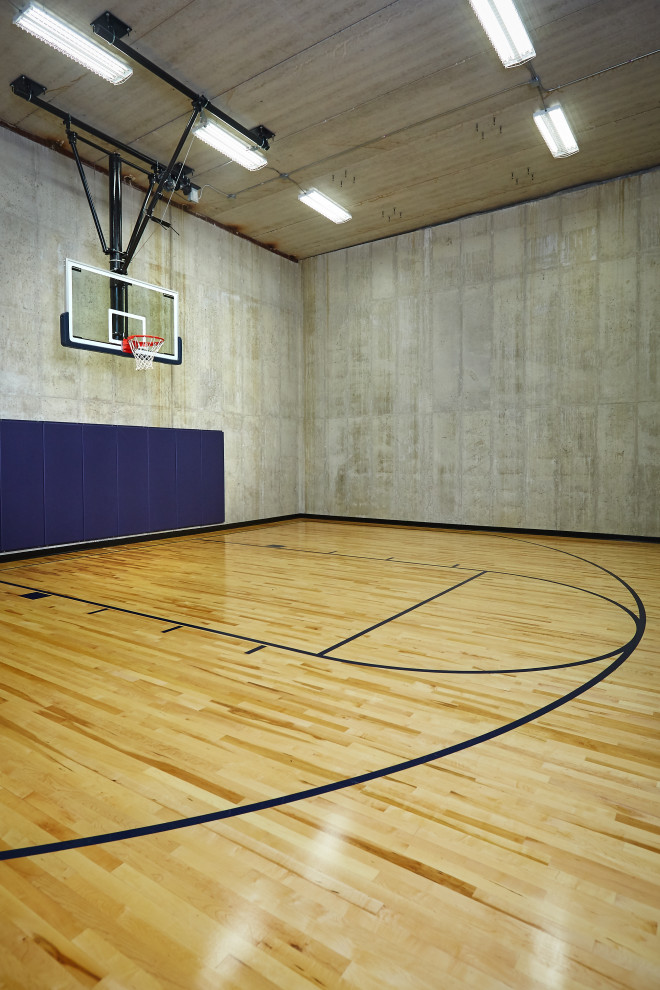 Design ideas for an expansive modern indoor sport court in Grand Rapids with grey walls and light hardwood floors.