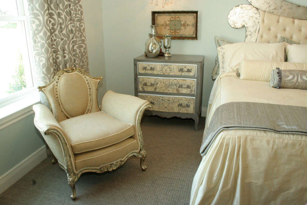 Design ideas for a transitional master bedroom in Louisville with blue walls and carpet.