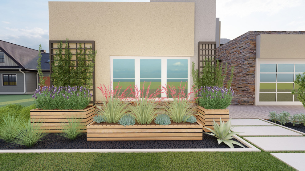 На фото: маленький участок и сад на переднем дворе в стиле модернизм для на участке и в саду