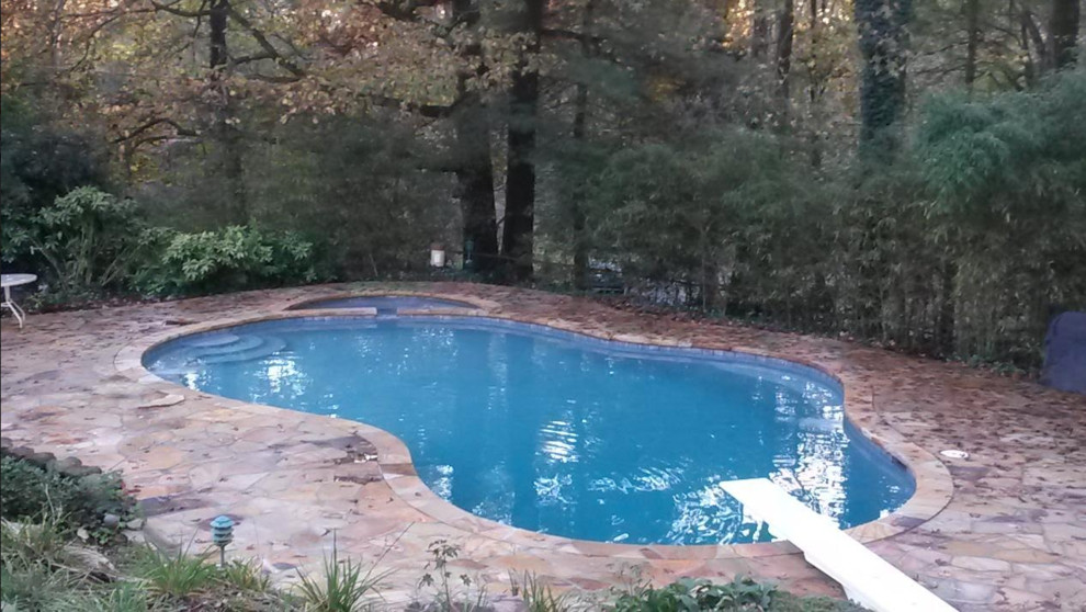 Inspiration for a mid-sized transitional backyard custom-shaped pool in Atlanta with natural stone pavers.