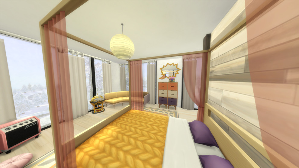 Foto di una cameretta per bambini moderna di medie dimensioni con pareti bianche, pavimento in bambù e pavimento beige