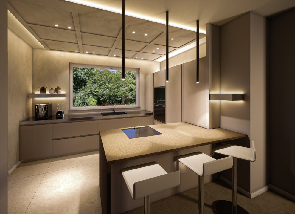 This is an example of a mid-sized u-shaped open plan kitchen in Other with an undermount sink, flat-panel cabinets, solid surface benchtops, grey splashback, stainless steel appliances, porcelain floors, a peninsula, grey floor, grey benchtop and coffered.