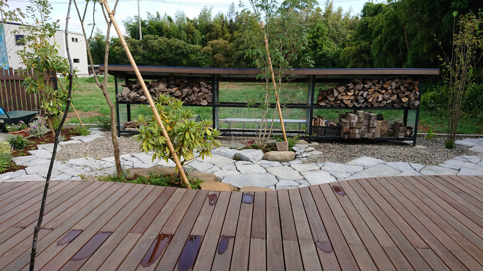 Réalisation d'une terrasse craftsman de taille moyenne avec des solutions pour vis-à-vis, une cour et une pergola.
