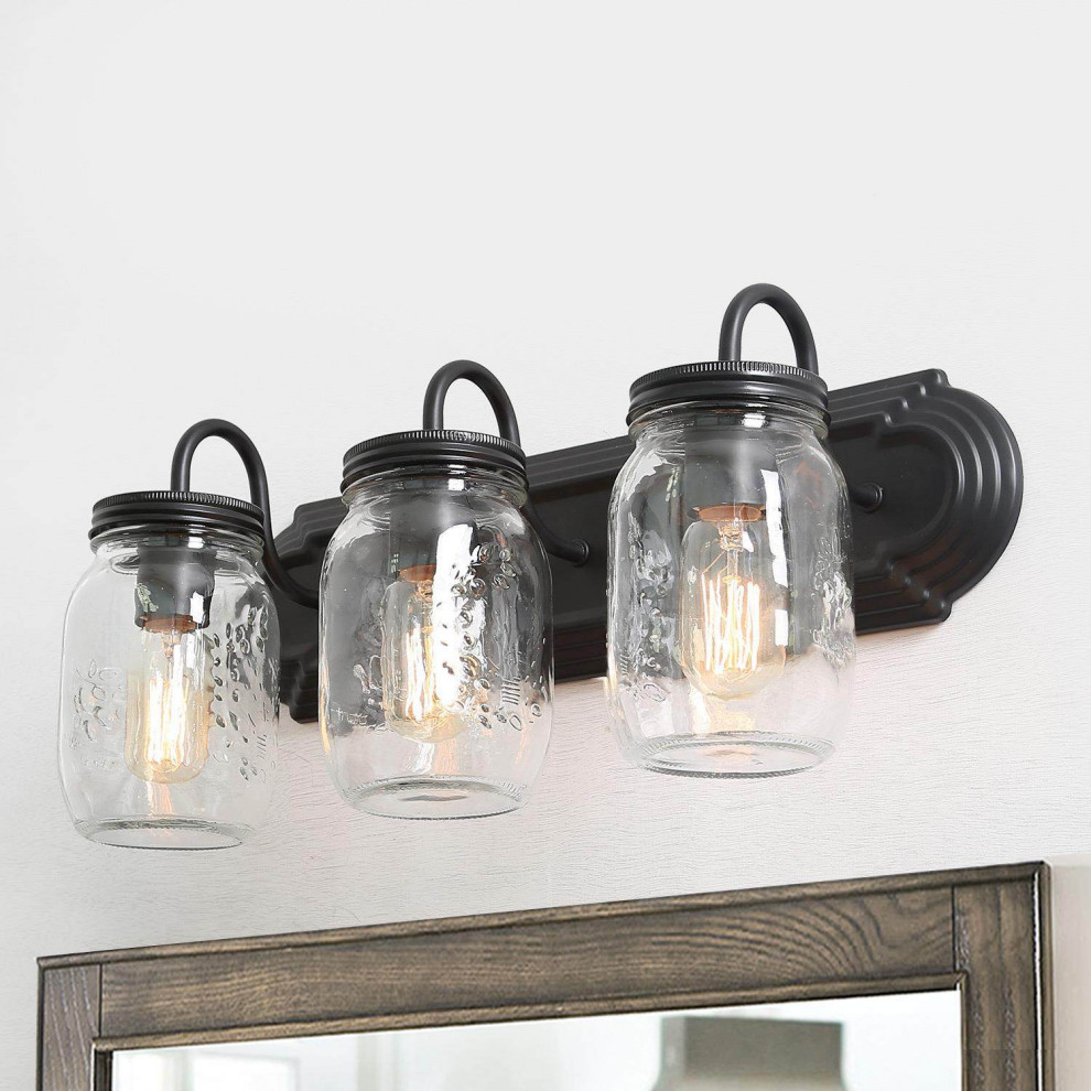 Laluz 3Light Matte Black Mason Jar Farmhouse Traditional Bathroom