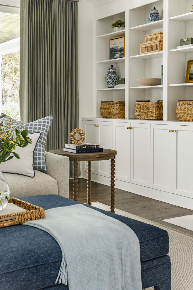 Example of a large transitional open concept dark wood floor family room design in Charlotte with white walls, a standard fireplace and a wall-mounted tv