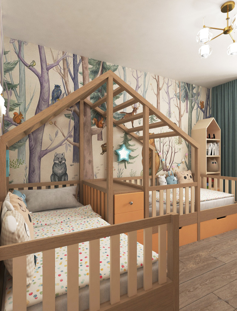 Детская комната с лесными фотообоями для близняшек