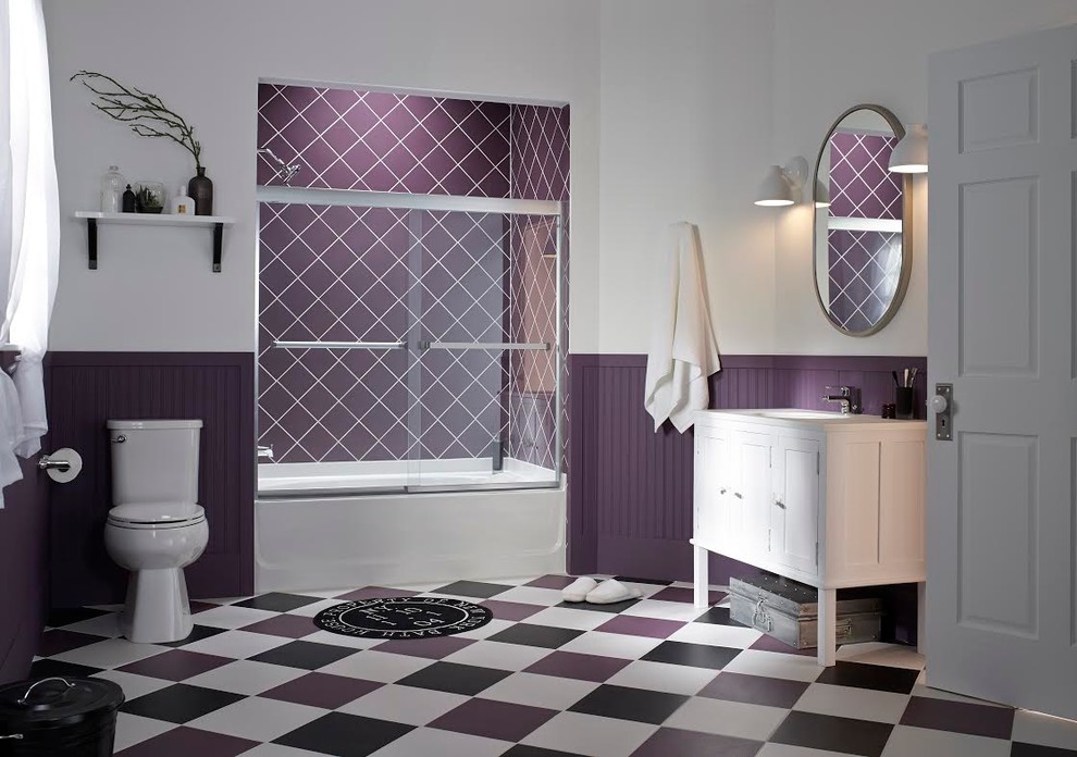 Alcove bathtub - mid-sized eclectic master ceramic tile porcelain tile alcove bathtub idea in Boston with white cabinets, a one-piece toilet, white walls, shaker cabinets and an integrated sink