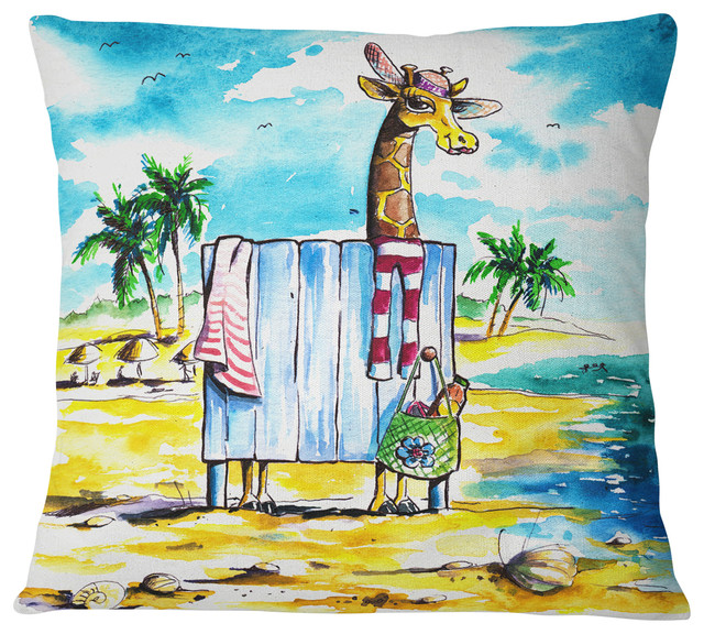 Designart Giraffe in Dressing Room on Beach Cartoon Animal Throw Pillow, 16"x16"