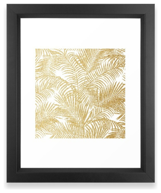 Elegant Faux Gold Glitter Tropical Plants Pattern Framed Art Print - Vector Blac