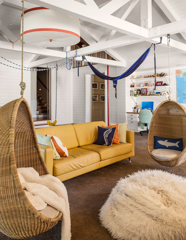 Inspiration for a large beach style gender-neutral kids' room in Dallas with white walls and carpet.