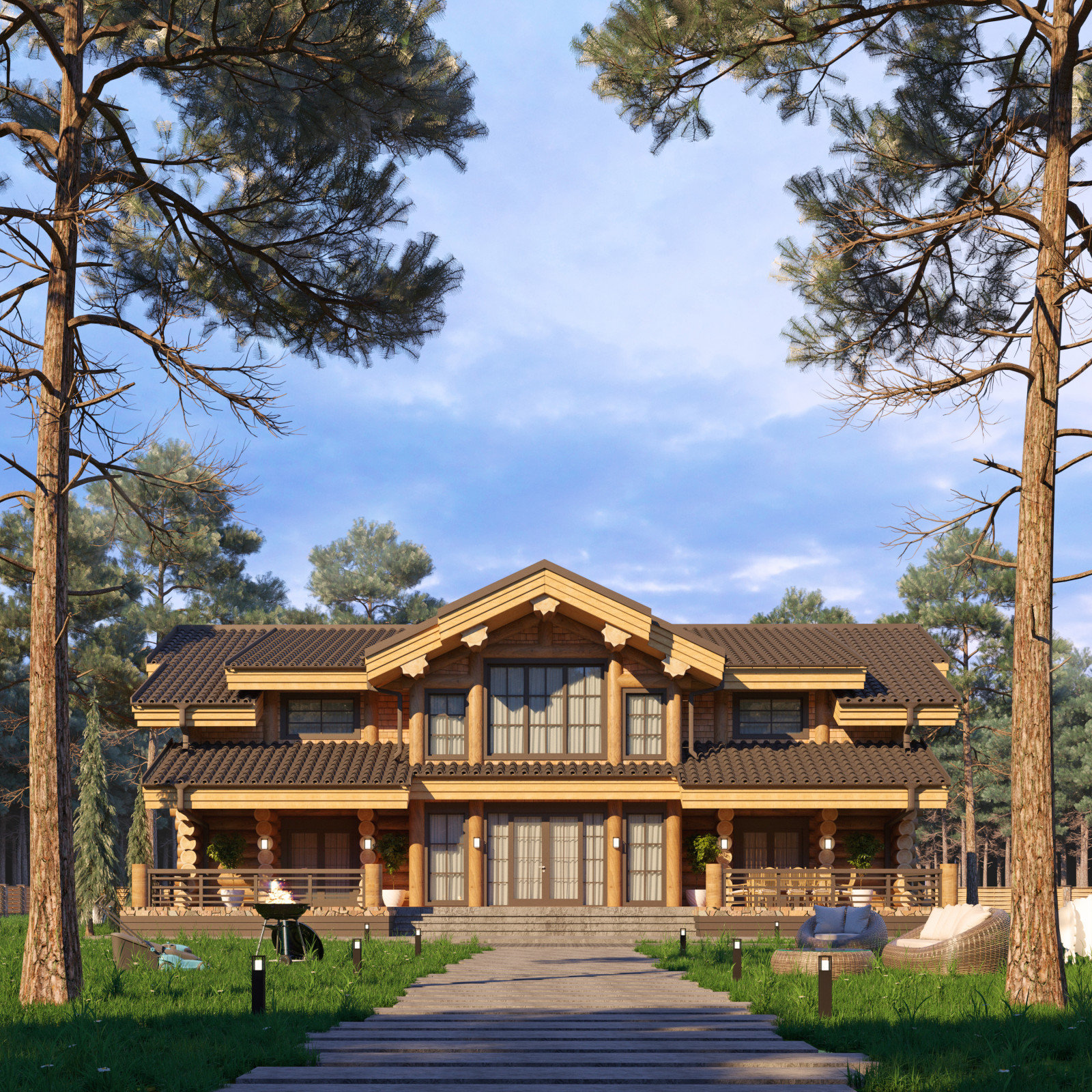 Проект дома из бревна ручной рубки с элементами Post&Beam "Монреаль"