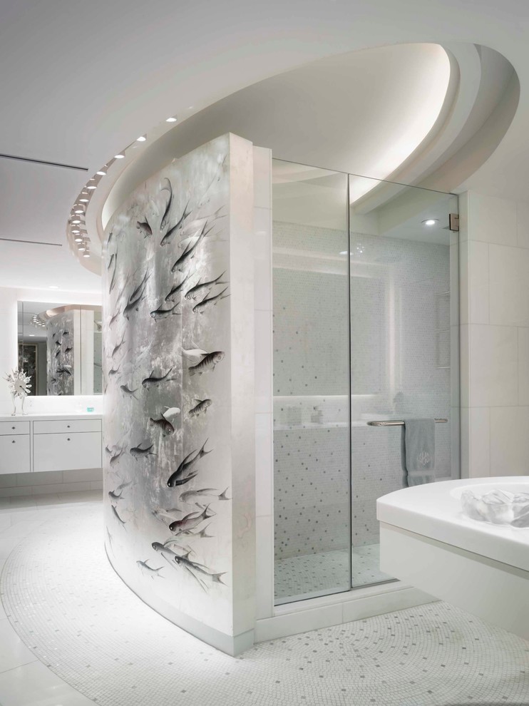 Design ideas for a contemporary master bathroom in New York with flat-panel cabinets, white cabinets, an alcove shower, multi-coloured tile, mosaic tile, white walls and mosaic tile floors.
