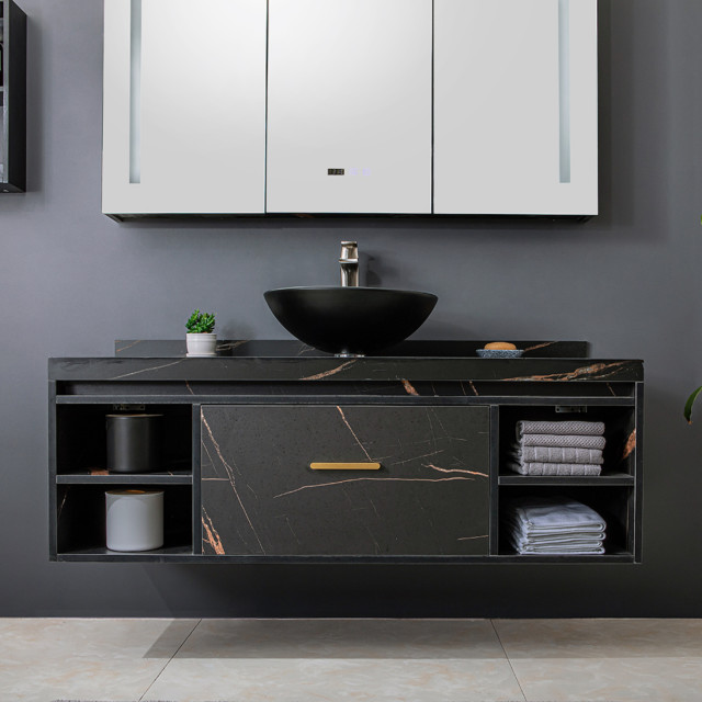 Matte Black Glass Circular Vessel Bathroom Sink modern-badezimmer