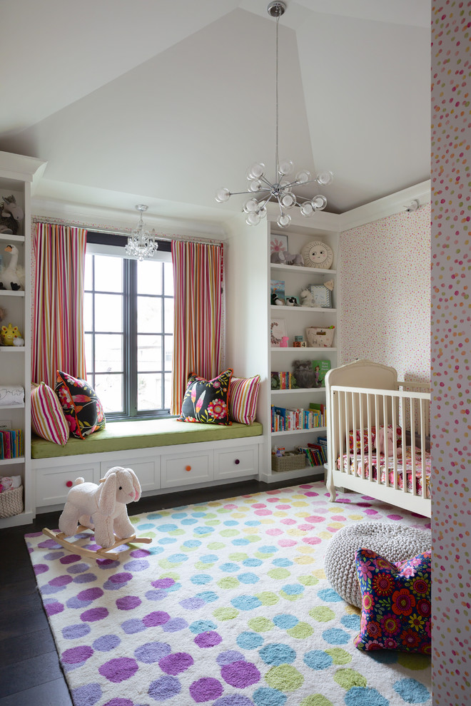 Nursery - transitional girl dark wood floor and brown floor nursery idea in Calgary with multicolored walls