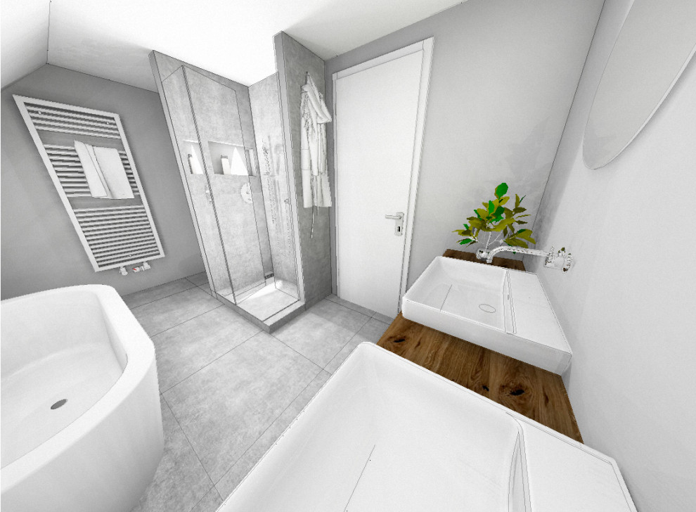 Badezimmer With grauen Schränken, freistehender Badewanne, Wandtoilette, grauen Fliesen, grauer Wandfarbe, Aufsatzwaschbecken, Waschtisch aus Holz, grauem Boden, Falttür-Duschabtrennung, Wandnische, Doppelwaschbecken and schwebendem Waschtisch in Hamburg