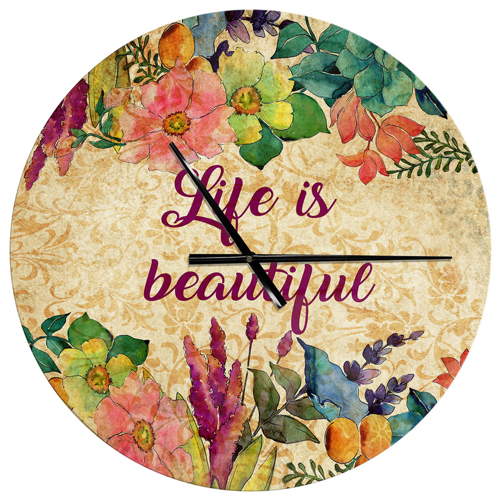 Life Is Beautiful Butterfly Floral Oversized Quote Metal Clock, 23"x23"