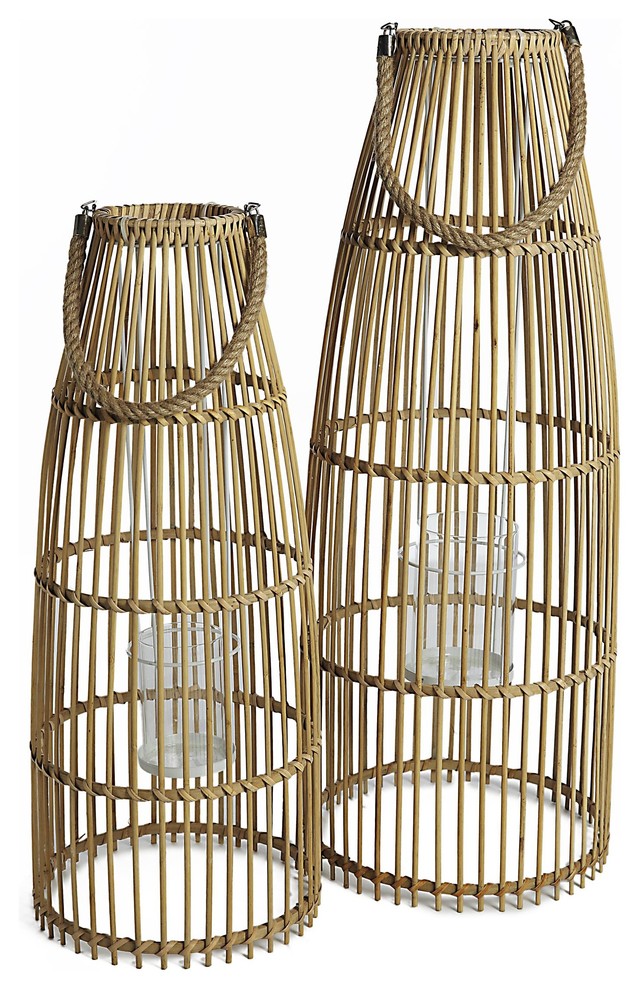 Natural Bamboo Lanterns With Glass Candle Holders, 2-Piece Set