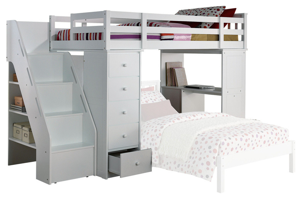 Freya Loft Bed and Bookshelf Set, White, Twin, 66"