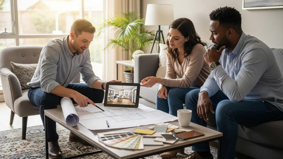 Contractor consulting with homeowners about custom renovation plans in a living room