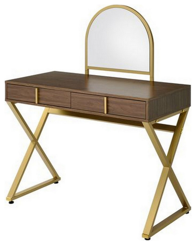 50" Classic Arched Mirror Vanity Desk, Wood, xMetal Frame, Brown, Gold Contemporary Bedroom