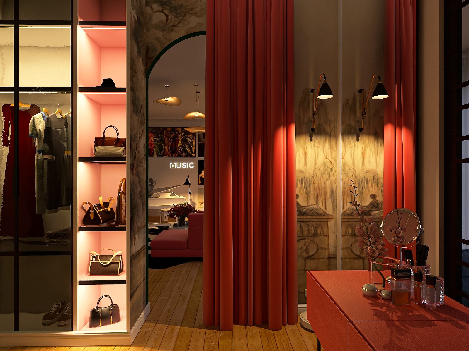 Вид на гостиную из гардербной вечером