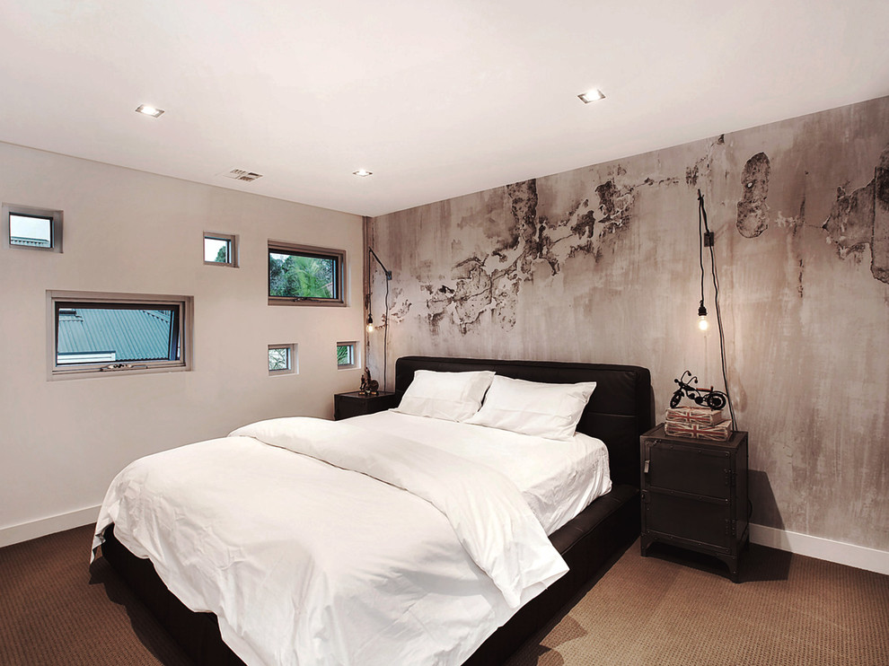Inspiration for a mid-sized contemporary master bedroom in Melbourne with white walls, carpet and beige floor.