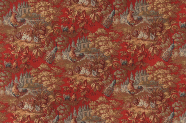 Red Rooster Toile Fabric Country Peacock Chickens, Standard Cut