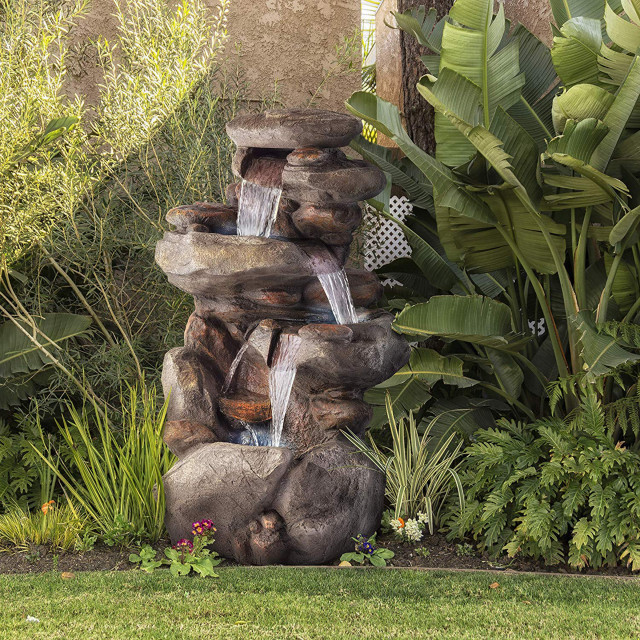 40" Tall Outdoor 4-Tier Rock Water Fountain with LED Lights